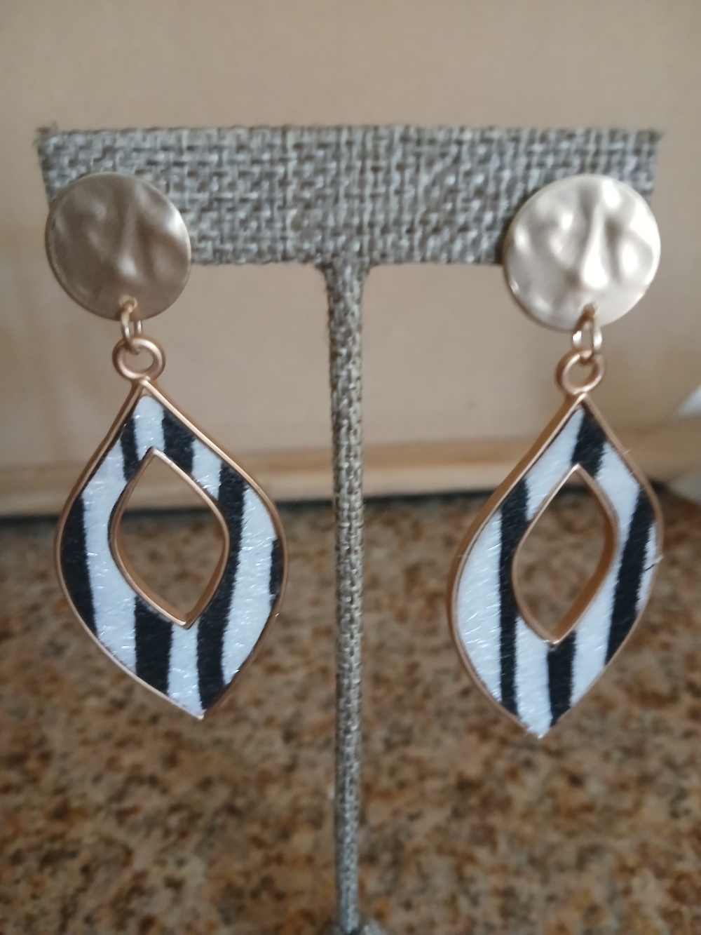 Gold-Tone Black & White Striped Drop Earrings